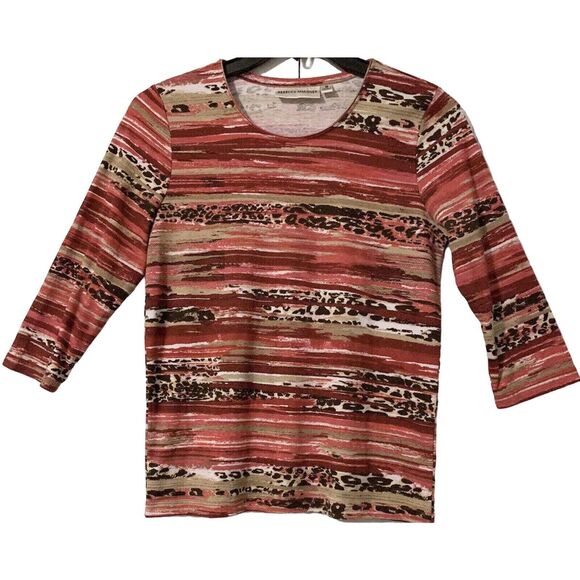 Rebecca Malone Red Tan Artsy Blouse Small 3/4 Sleeves Soft Comfort Career Casual - Picture 1 of 11